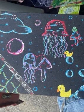 Neon Jellyfish & Rubber Duck Canvas Art - Black Background